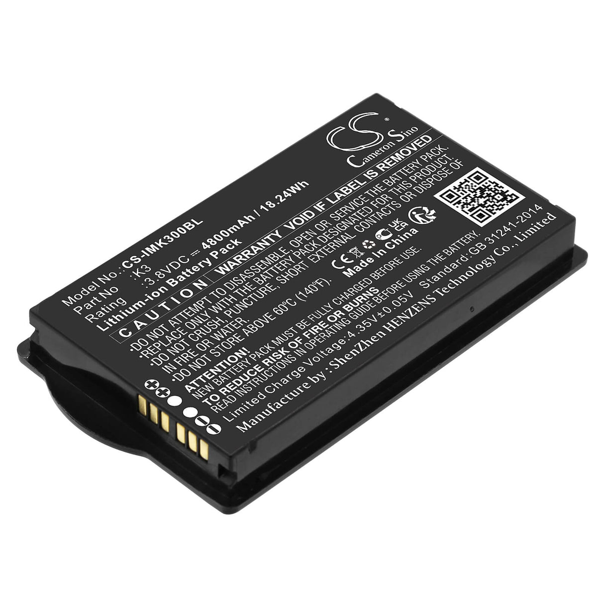 3.8v, Li-ion, 4800mah, Batterie de scanner de codes-barres compatible avec Idata, K3, 18.24wh Scanner de codes-barres Cameron Sino Technology Limited