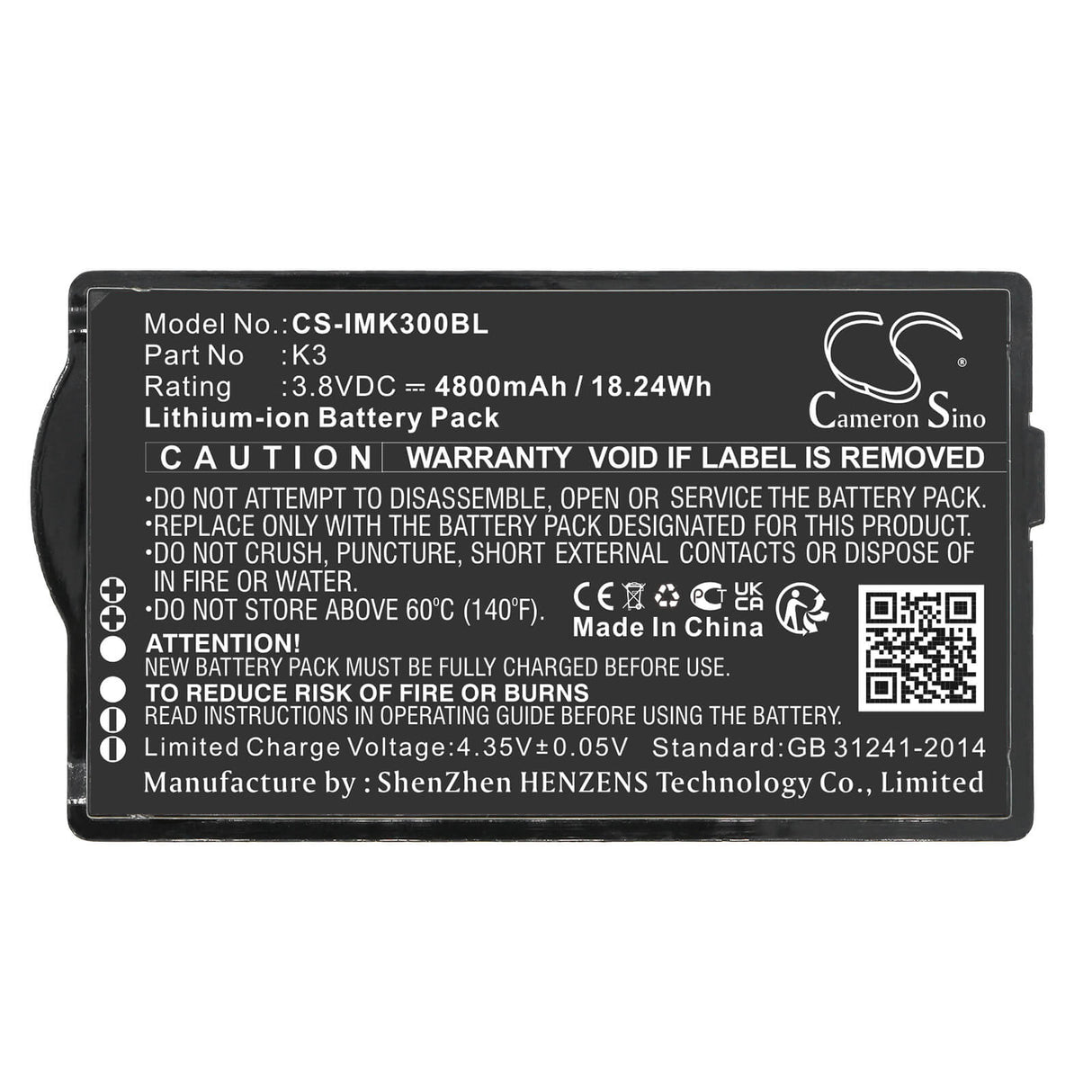 3.8v, Li-ion, 4800mah, Batterie de scanner de codes-barres compatible avec Idata, K3, 18.24wh Scanner de codes-barres Cameron Sino Technology Limited