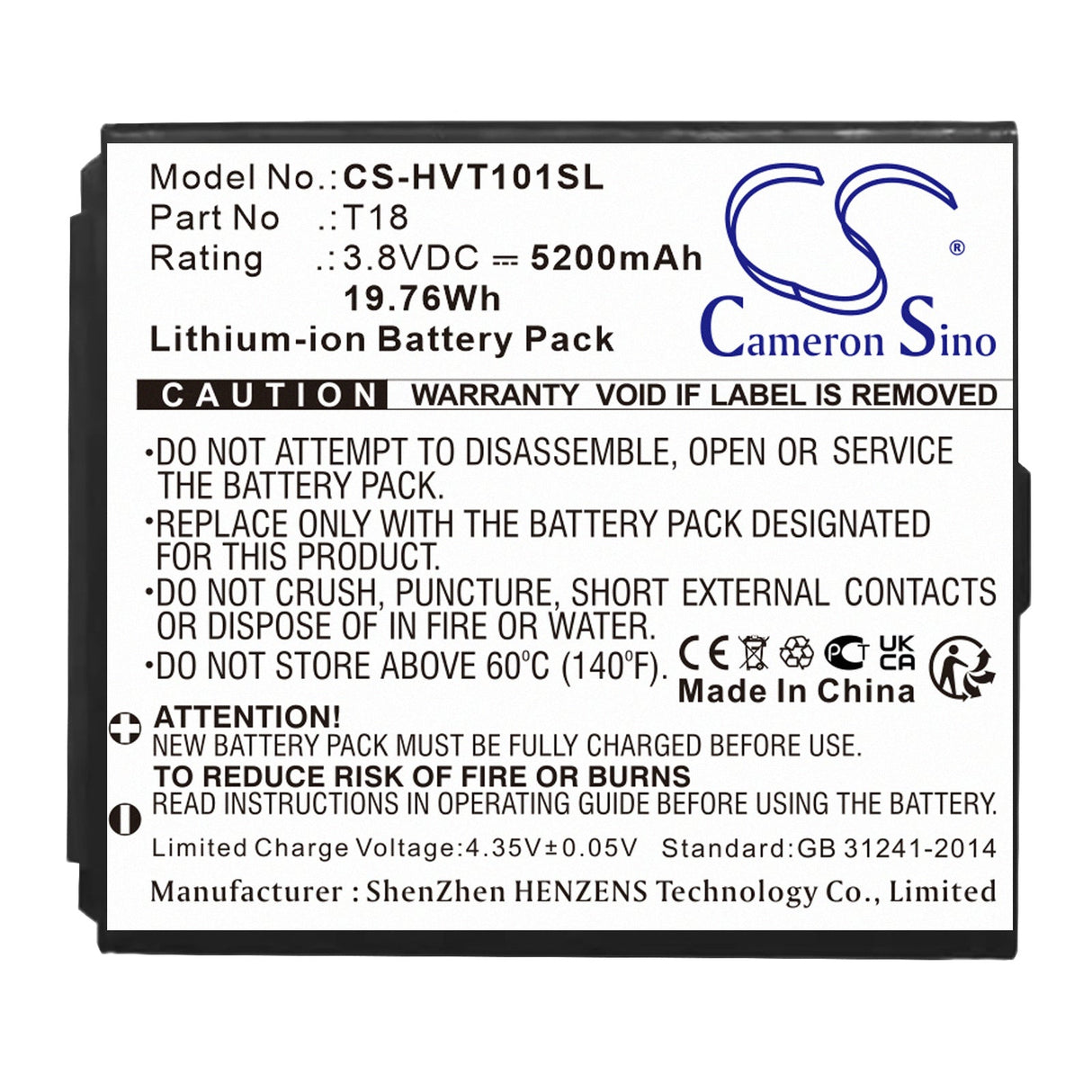 3,8v, Li-ion, 5200mah, Batterie de Sécurité Domestique Compatible avec Hikvision Ds-mdt101/gle, 19,76wh Caméra de Sécurité Domestique Cameron Sino Technology Limited