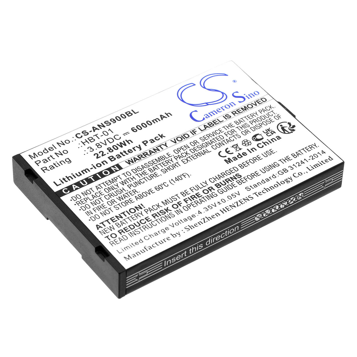 3,8V, Li-ion, 6000mAh, batterie de terminal de paiement compatible avec Aisino, Hbt-01, A90, 22,80Wh Terminal de paiement Cameron Sino Technology Limited