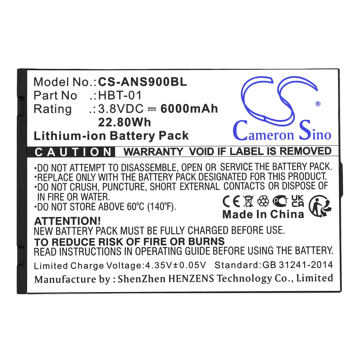 3,8V, Li-ion, 6000mAh, batterie de terminal de paiement compatible avec Aisino, Hbt-01, A90, 22,80Wh Terminal de paiement Cameron Sino Technology Limited