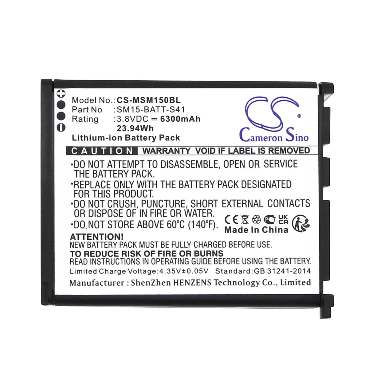 3.8v, Li-ion, 6300mah, Barcode scanner battery Fits M3 mobile Sm15, Sm15n, 23.94wh Barcode Scanner Cameron Sino Technology Limited