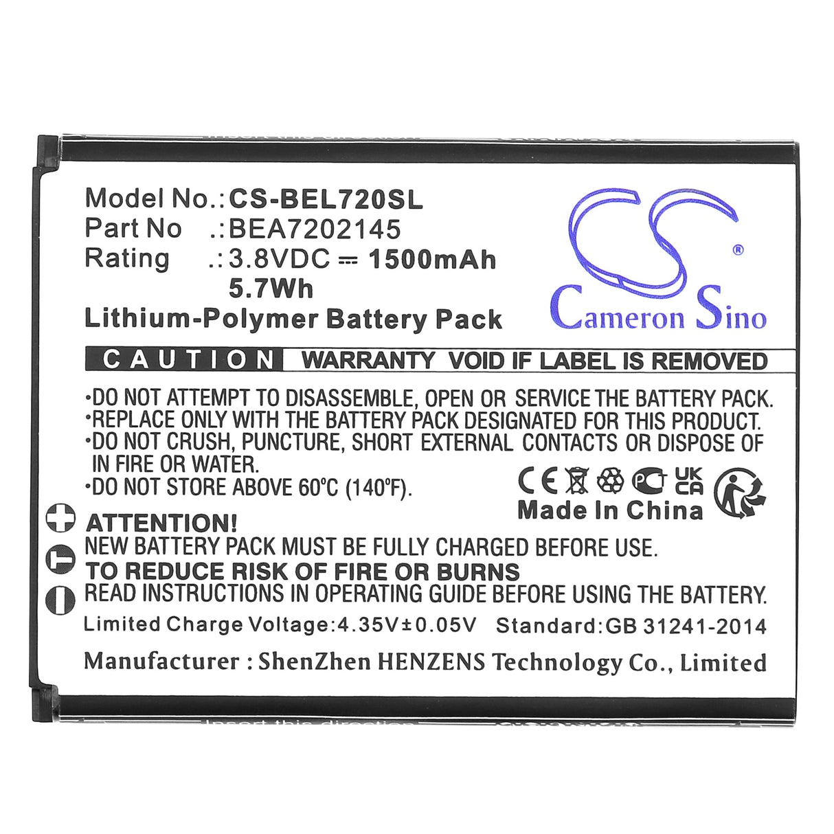 3.8V, Li-Polymer, 1500mAh, SmartPhone battery fits Bea-fon, Bea7202145, Sl720, Sl720i, 5.7Wh Mobile, SmartPhone Cameron Sino Technology Limited (Smartphone)