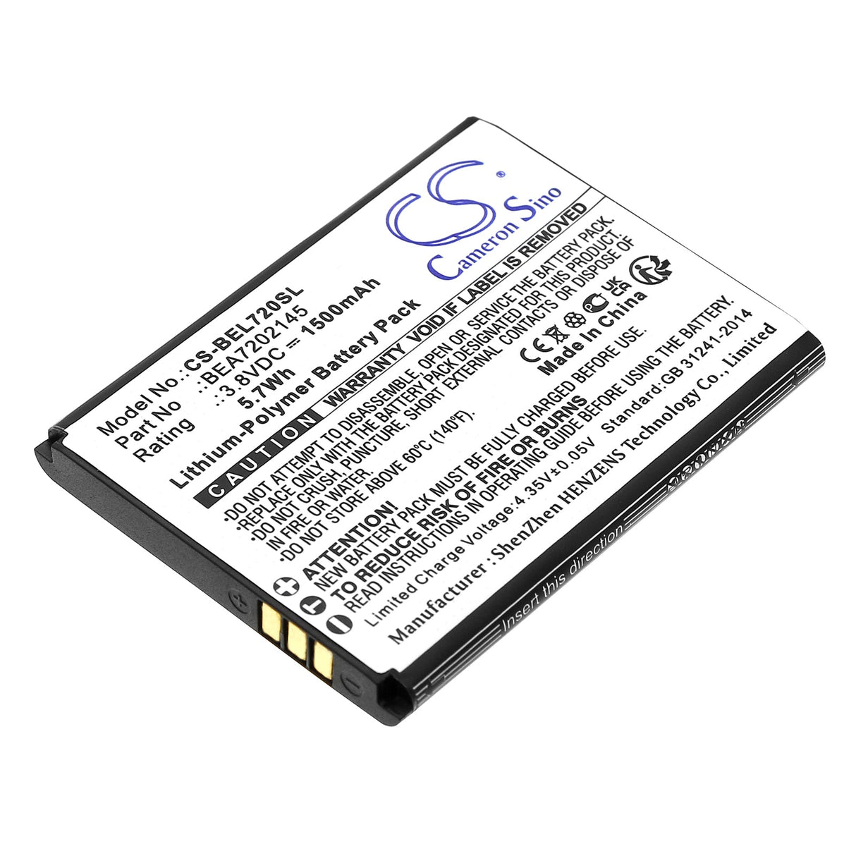 3.8V, Li-Polymer, 1500mAh, SmartPhone battery fits Bea-fon, Bea7202145, Sl720, Sl720i, 5.7Wh Mobile, SmartPhone Cameron Sino Technology Limited (Smartphone)