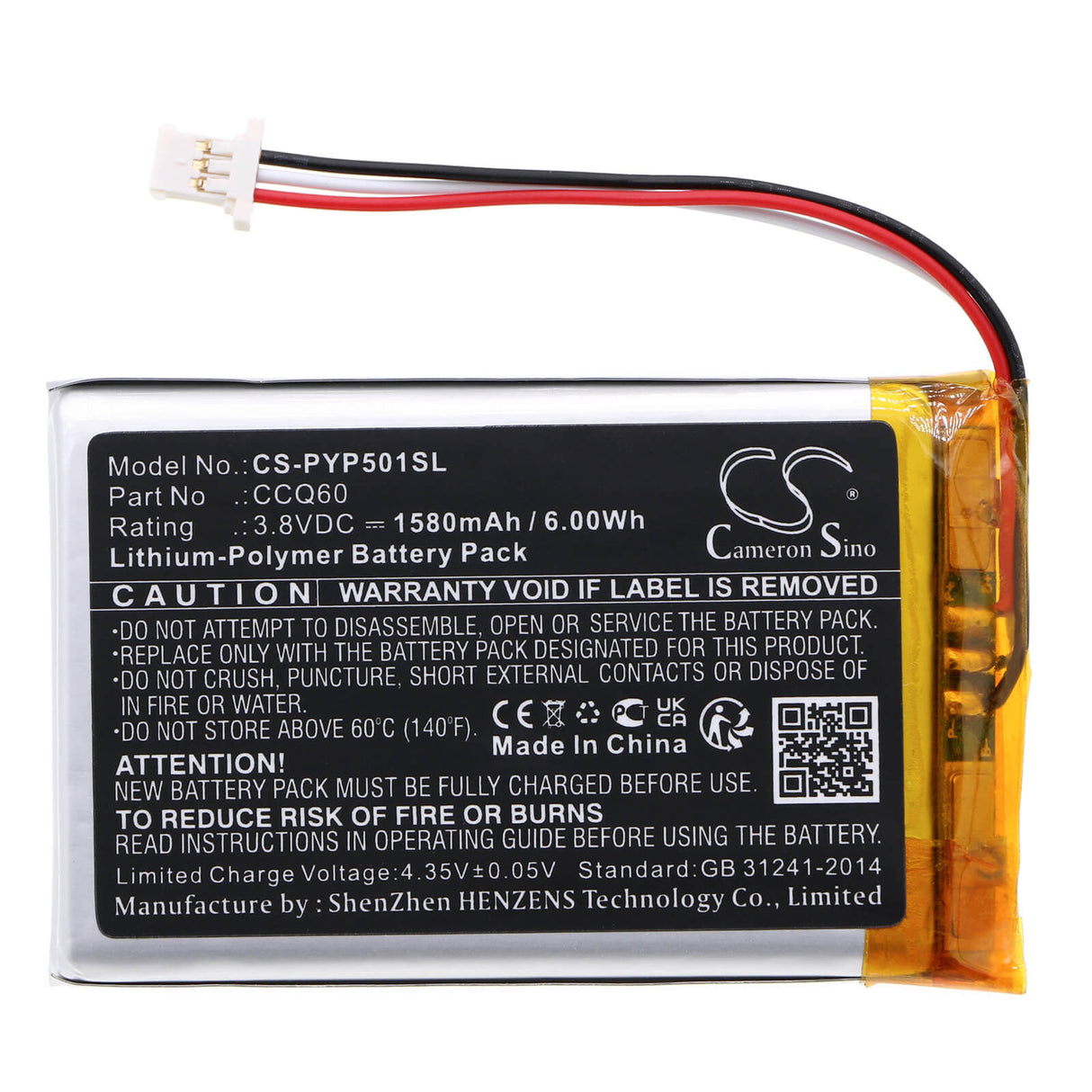 3,8V, Li-Polymère, 1580mAh, batterie de terminal de paiement compatible avec Poynt, Ccq60, 5, M2w3140a, 6,00Wh Terminal de paiement Cameron Sino Technology Limited