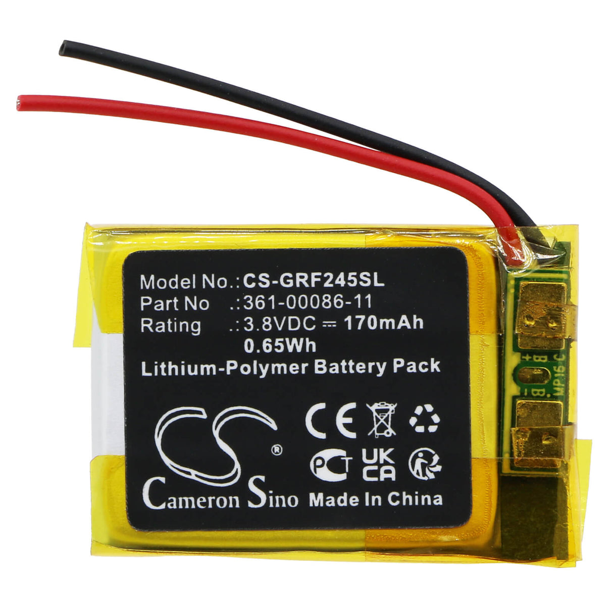 3.8V, Li-Polymer, 170mAh, Smartwatch battery fits Garmin, 361-00086-11, Forerunner 245, Forerunner 245 Music, 0.65Wh Smartwatch Cameron Sino Technology Limited
