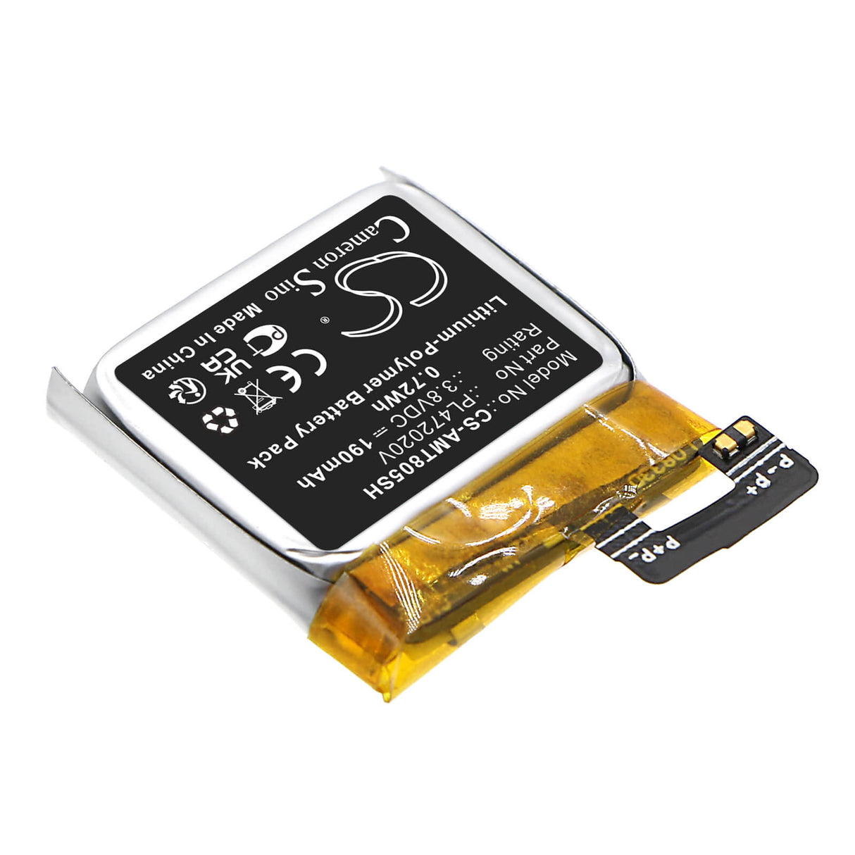 3.8V, Li-Polymer, 190mAh, Smartwatch battery fits Amazfit, Pl472020v, A1805, 0.72Wh Smartwatch Cameron Sino Technology Limited