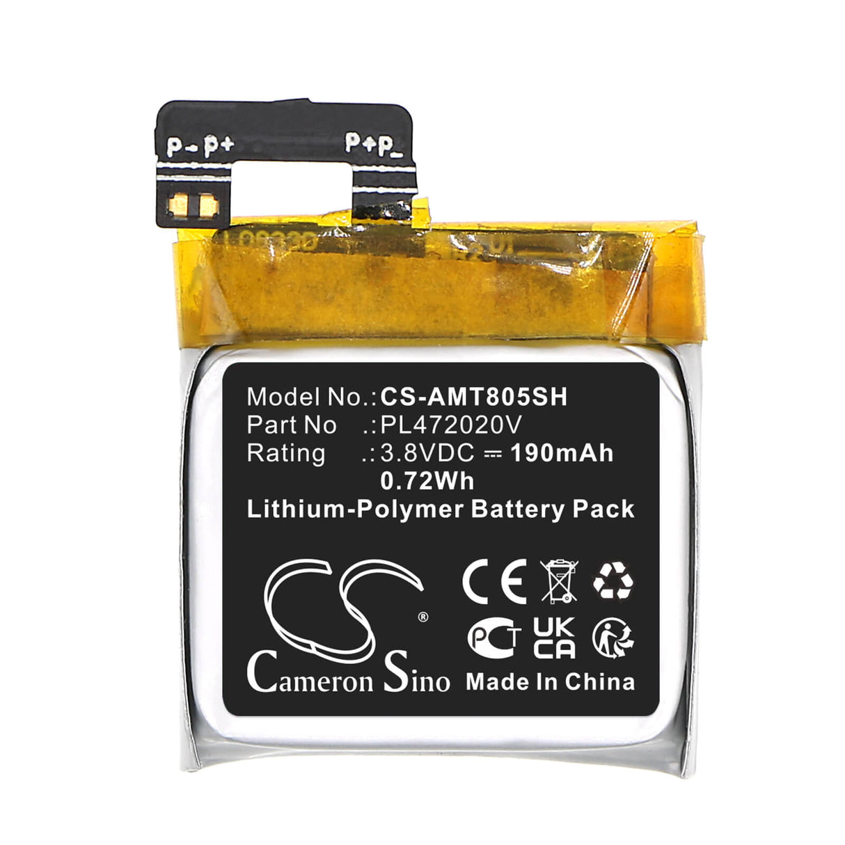 3.8V, Li-Polymer, 190mAh, Smartwatch battery fits Amazfit, Pl472020v, A1805, 0.72Wh Smartwatch Cameron Sino Technology Limited