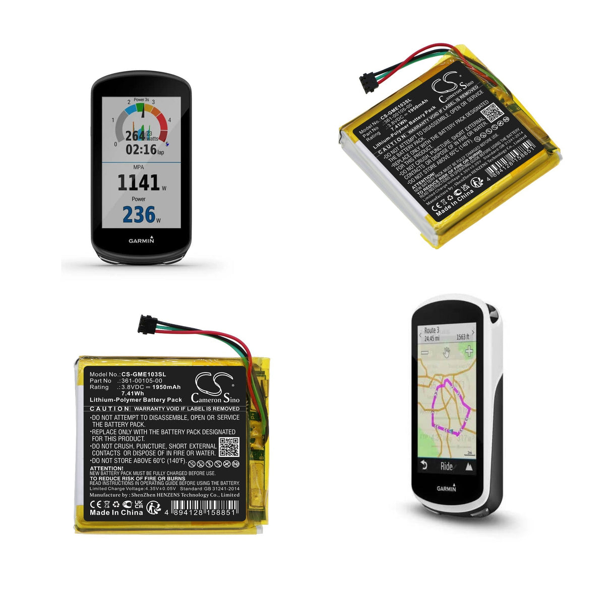 3.8V, Li-Polymer, 1950mAh, batterie GPS compatible Garmin, 361-00105-00, Edge 1030 Plus, 7.41Wh GPS, Navigator Cameron Sino Technology Limited