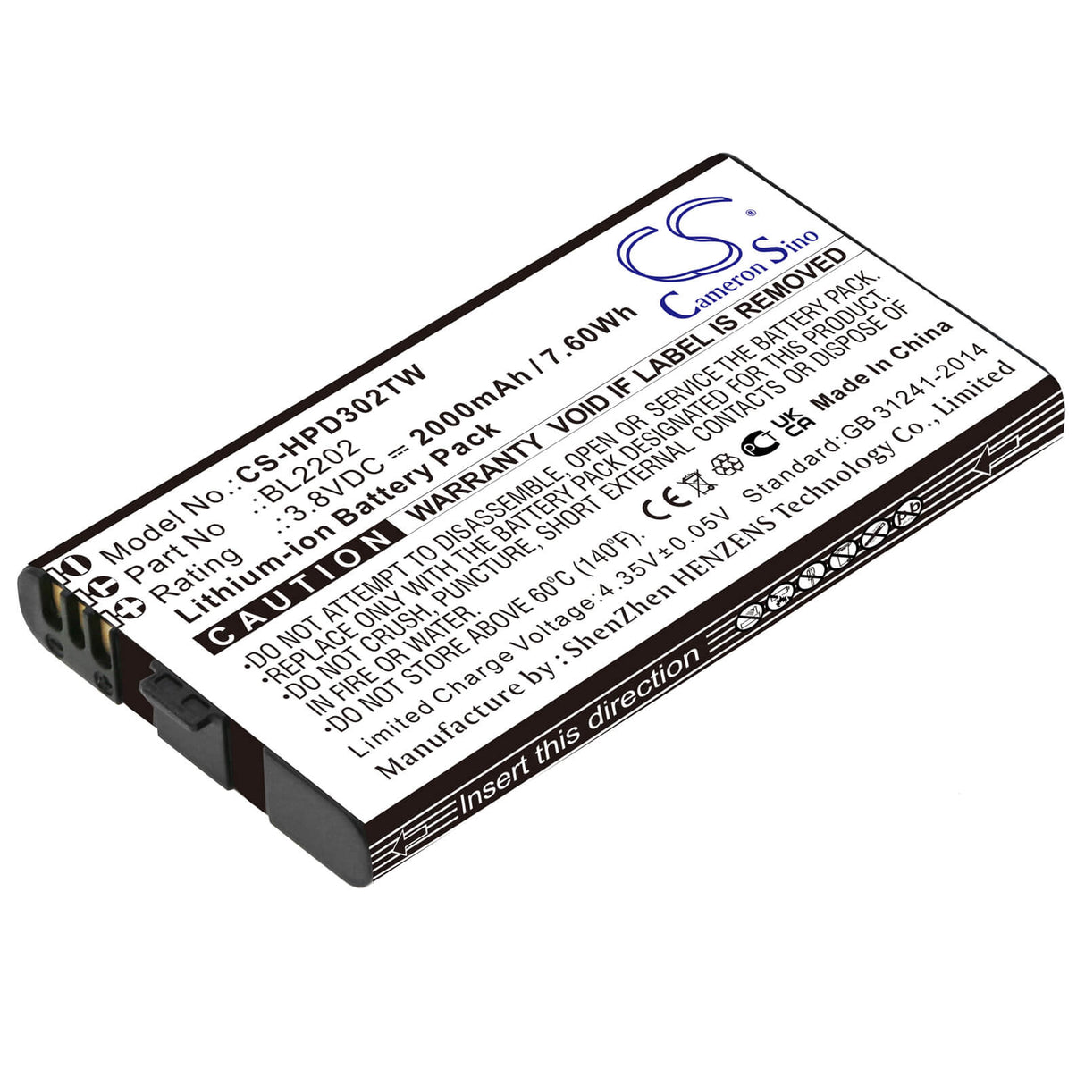 3.8V, Li-ion, 2000mAh, Two-Way Radio battery fits Hytera, Bl2202, Bd300, Bd302, 7.6Wh Two-Way Radio Cameron Sino Technology Limited