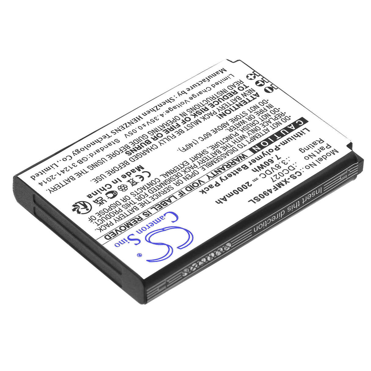 3.8V, Li-Polymer, 2000mAh, Batterie Hotspot compatible avec Xiaomi, Dc027, F490 4g, 7.60Wh Hotspot Cameron Sino Technology Limited