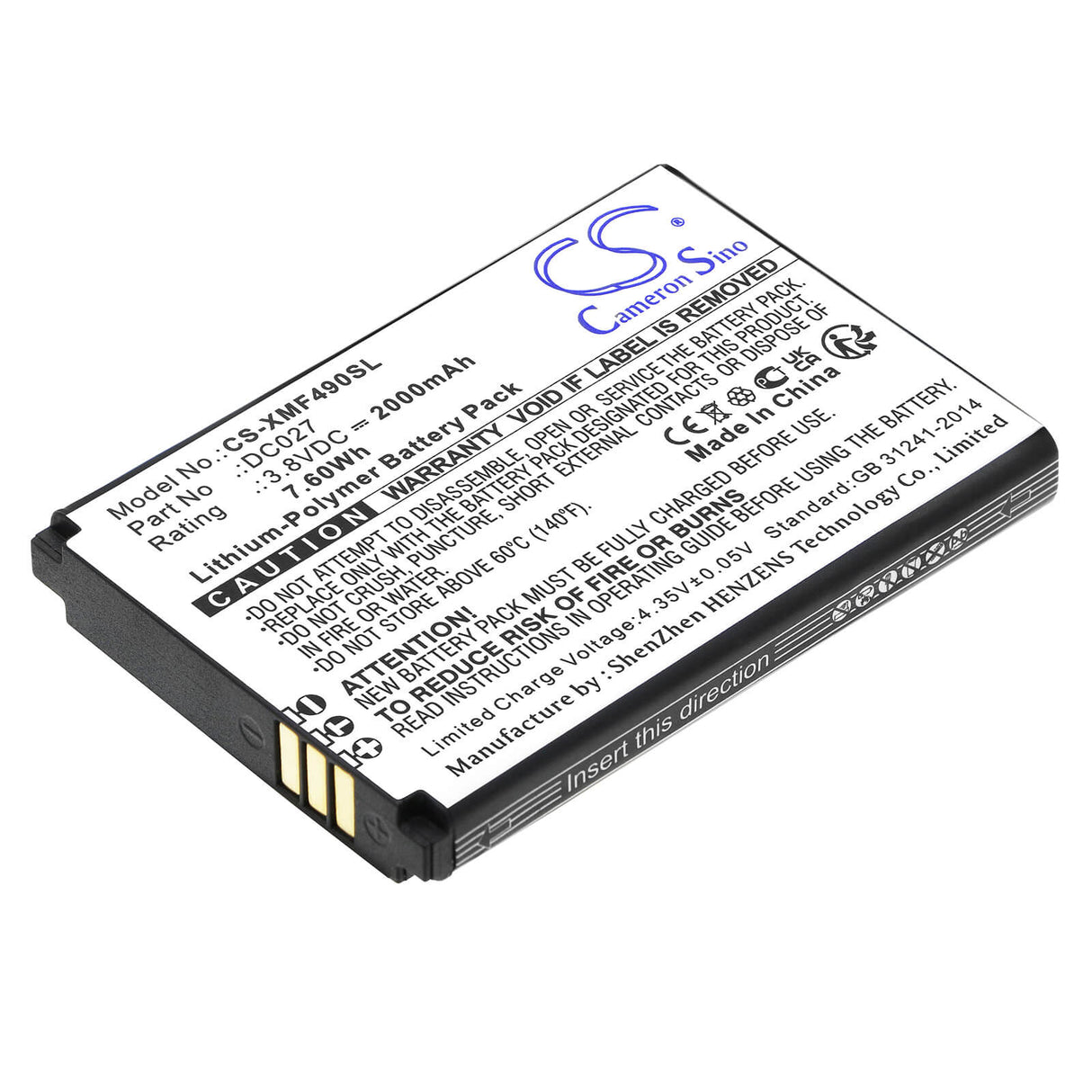 3.8V, Li-Polymer, 2000mAh, Batterie Hotspot compatible avec Xiaomi, Dc027, F490 4g, 7.60Wh Hotspot Cameron Sino Technology Limited
