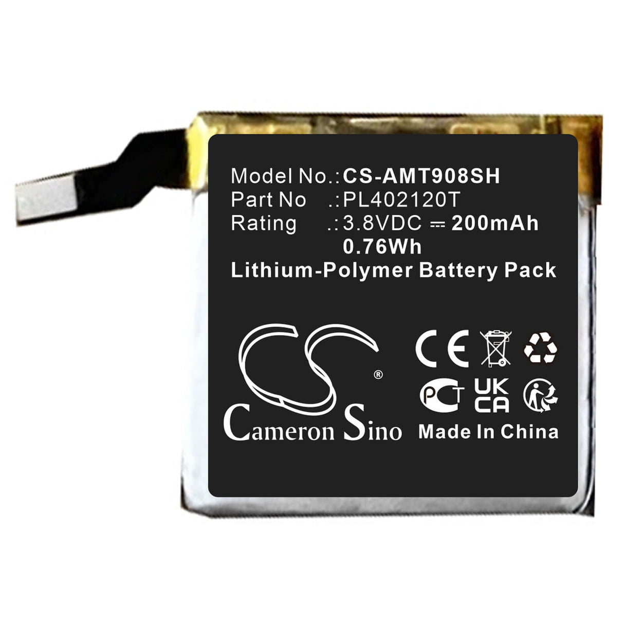 3.8V, Li-Polymer, 200mAh, Smartwatch battery fits Amazfit, Pl402120t, A1908, Ares, 0.76Wh Smartwatch Cameron Sino Technology Limited