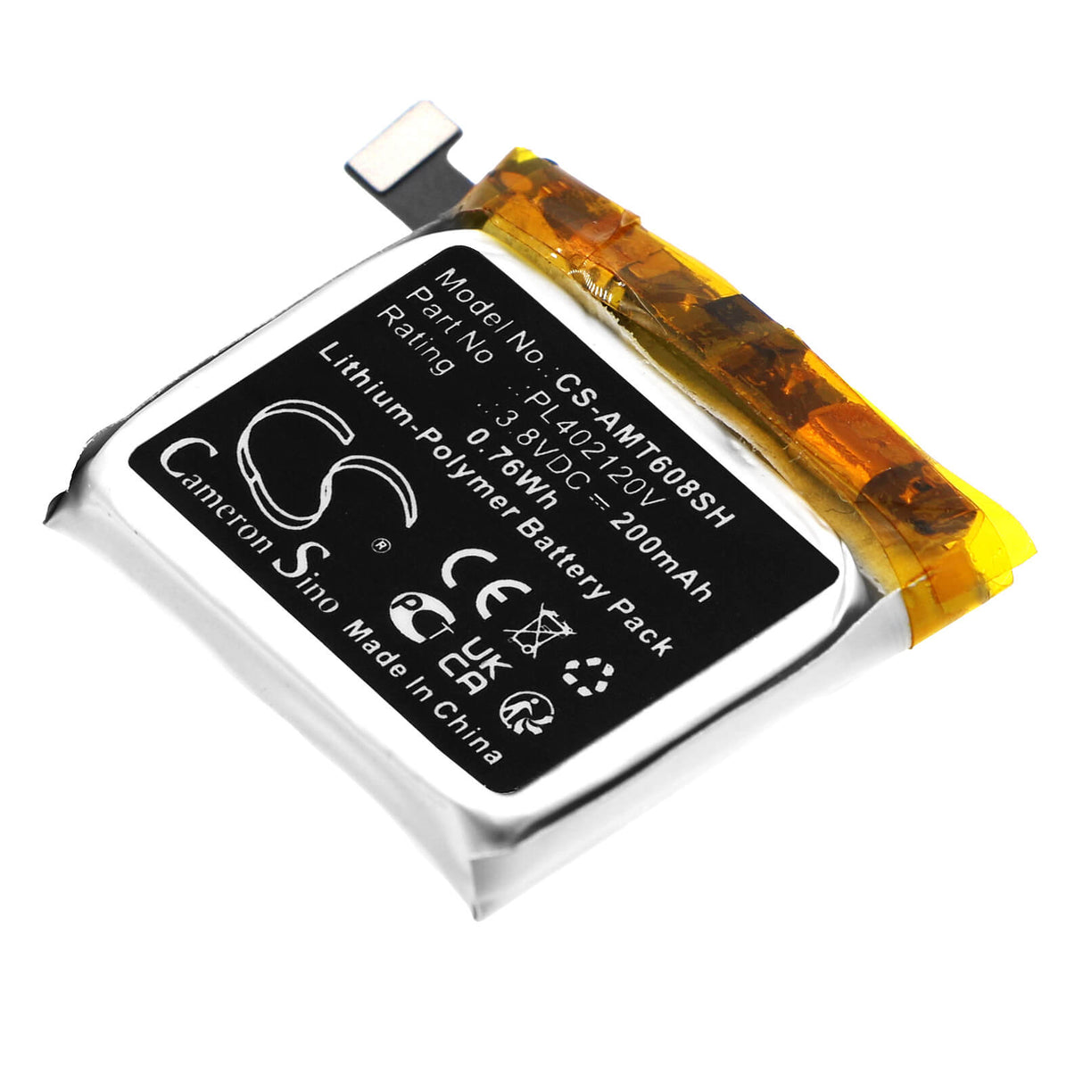 3.8V, Li-Polymer, 200mAh, Smartwatch battery fits Amazfit, Pl402120v, A1608, Bip, 0.76Wh Smartwatch Cameron Sino Technology Limited