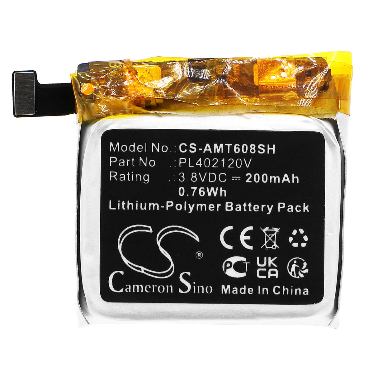 3.8V, Li-Polymer, 200mAh, Smartwatch battery fits Amazfit, Pl402120v, A1608, Bip, 0.76Wh Smartwatch Cameron Sino Technology Limited