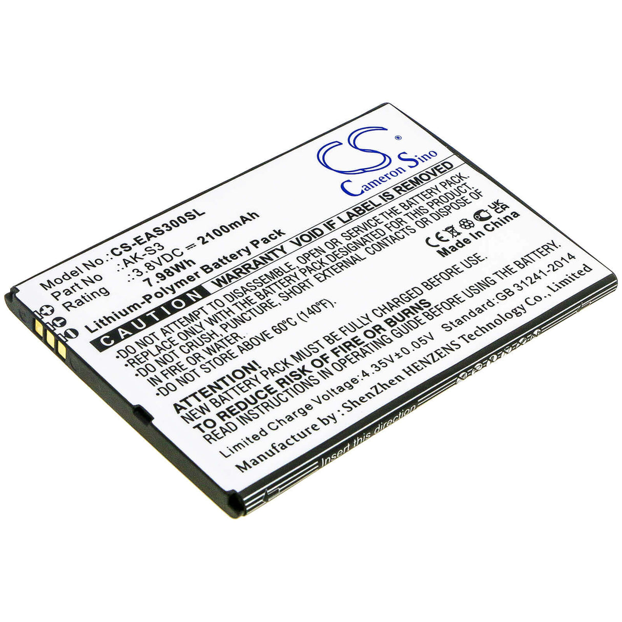 3.8V, Li-Polymer, 2100mAh, SmartPhone battery fits Emporia, Ak-s3, Smart 3, 7.98Wh Mobile, SmartPhone Cameron Sino Technology Limited (Smartphone)