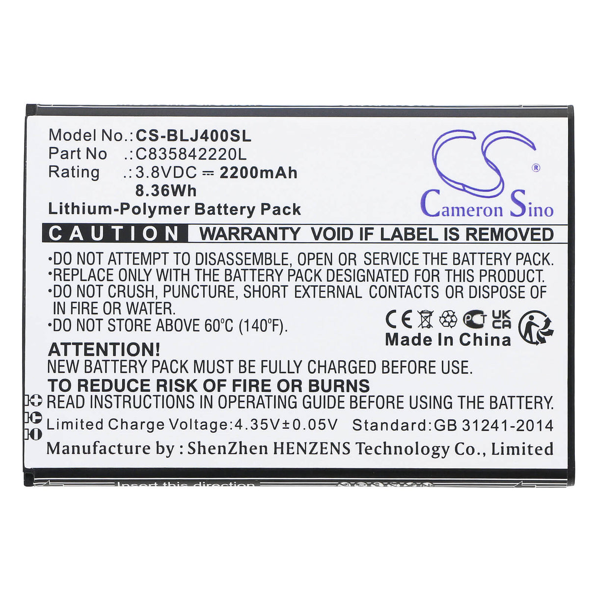 3.8V, Li-Polymer, 2200mAh, SmartPhone battery fits Blu, C835842220l, J170, J170eq, 8.36Wh Mobile, SmartPhone Cameron Sino Technology Limited (Smartphone)