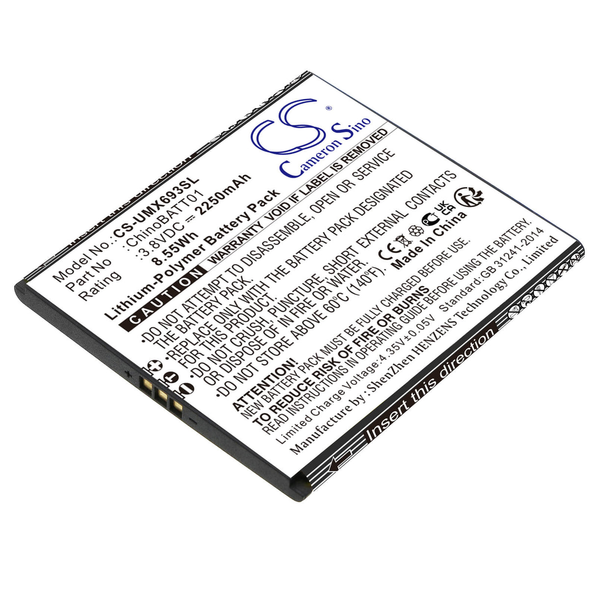 3.8V, Li-Polymer, 2250mAh, batterie SmartPhone compatible avec Umx, Chinobatt01, U683cl, U693cl, 8.55Wh Mobile, SmartPhone Cameron Sino Technology Limited (Smartphone)