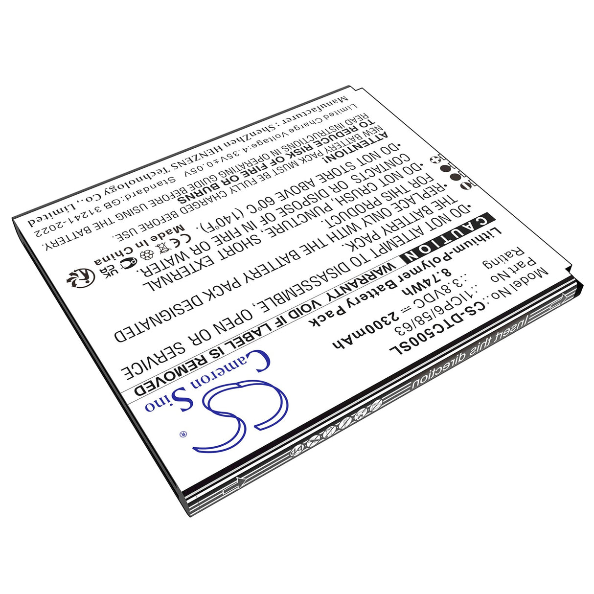 3.8V, Li-Polymer, 2300mAh, Portable Printer battery fits Datecs, Bluecase 50, Bluepad 5500 Plus, 8.74Wh Portable Printer Cameron Sino Technology Limited