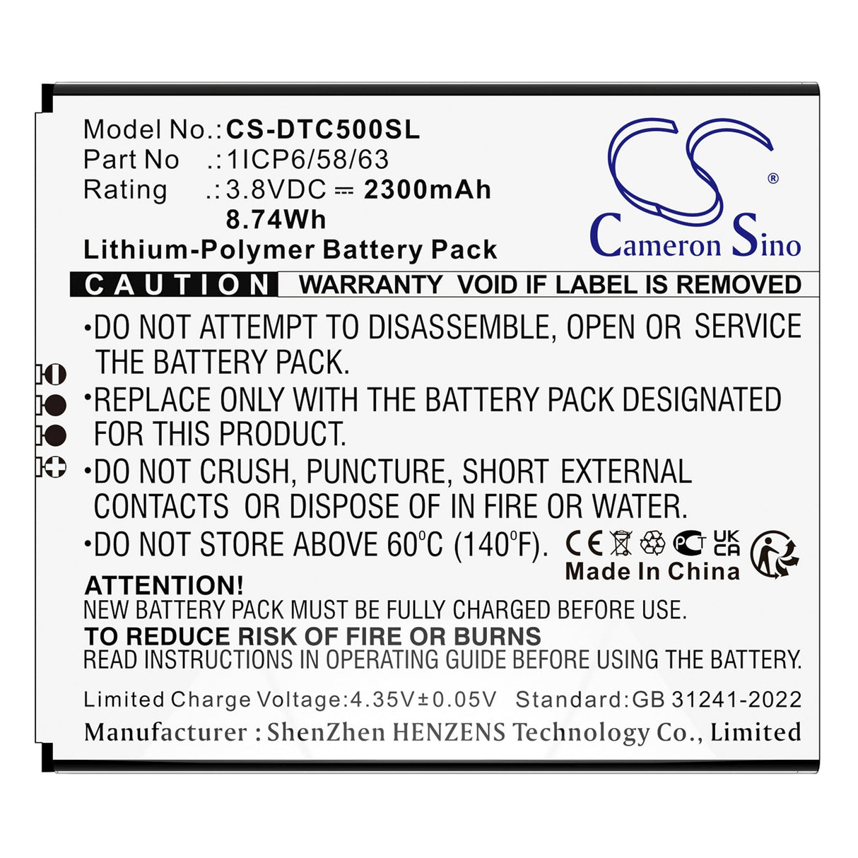 3.8V, Li-Polymer, 2300mAh, Portable Printer battery fits Datecs, Bluecase 50, Bluepad 5500 Plus, 8.74Wh Portable Printer Cameron Sino Technology Limited