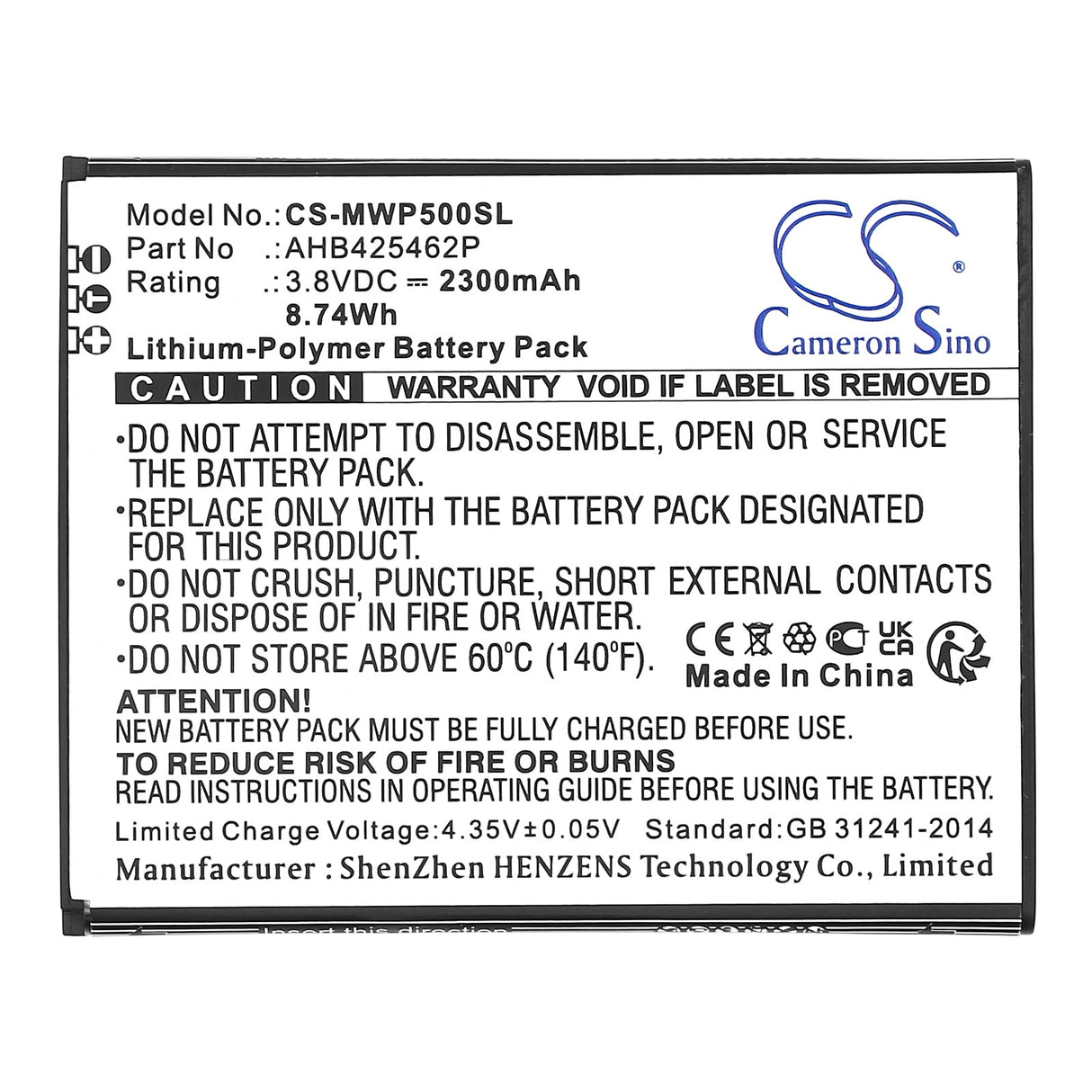 3.8V, Li-Polymer, 2300mAh, SmartPhone battery fits Maxwest, Ahb425462p, Nitro 5p, 8.74Wh Mobile, SmartPhone Cameron Sino Technology Limited (Smartphone)