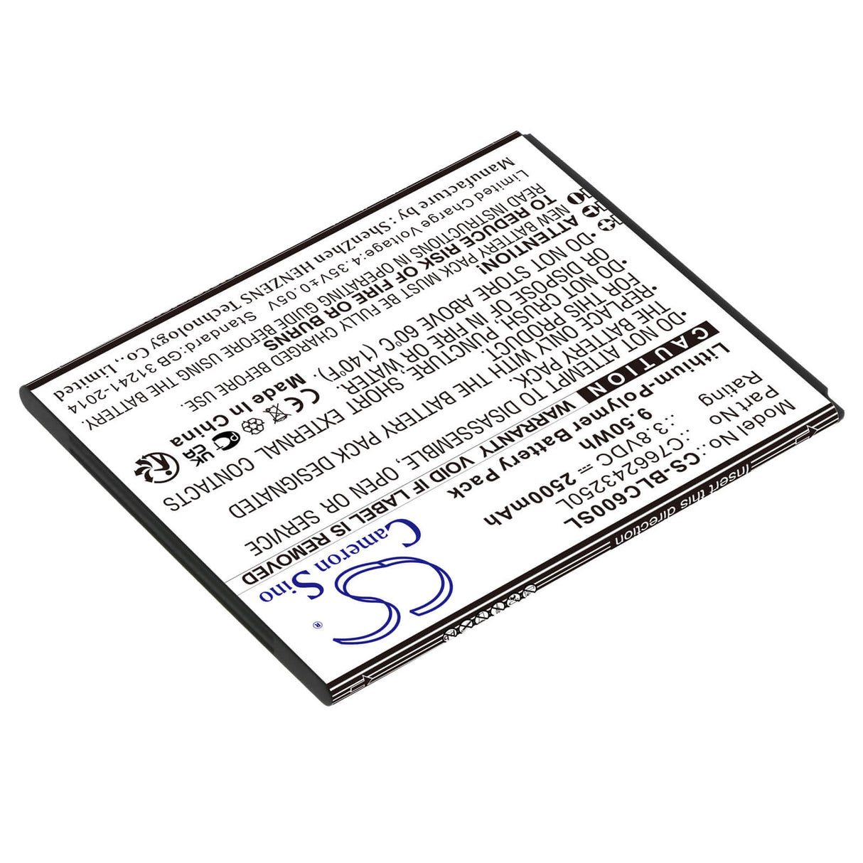 3.8V, Li-Polymer, 2500mAh, SmartPhone battery fits Blu, C766243250l, C0090p, C6, 9.5Wh Mobile, SmartPhone Cameron Sino Technology Limited (Smartphone)