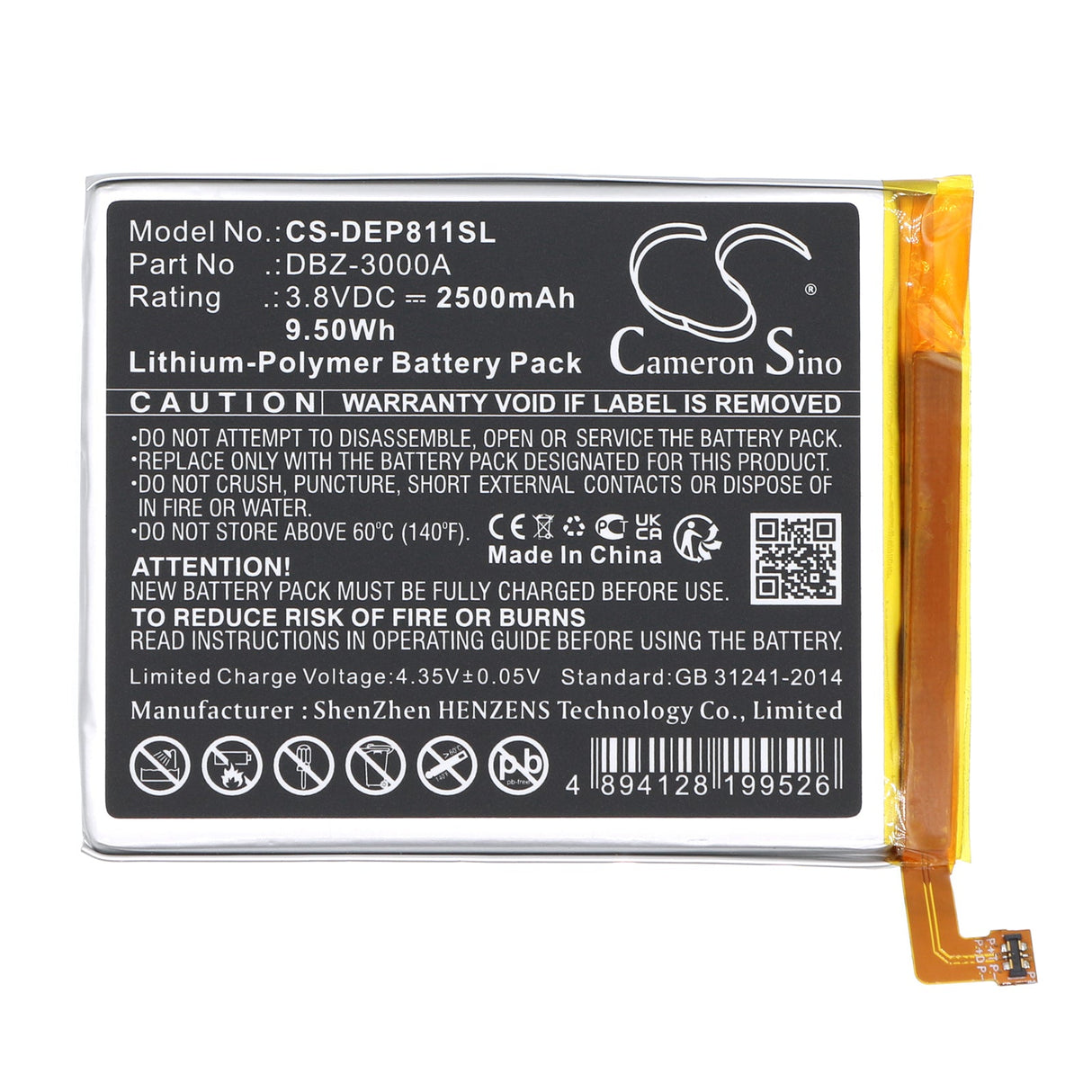 3,8V, Li-Polymère, 2500mAh, Batterie de smartphone compatible avec Doro, Dbz-3000a, 8100, 8100 Plus, 9,5Wh Mobile, Smartphone Cameron Sino Technology Limited (Smartphone)