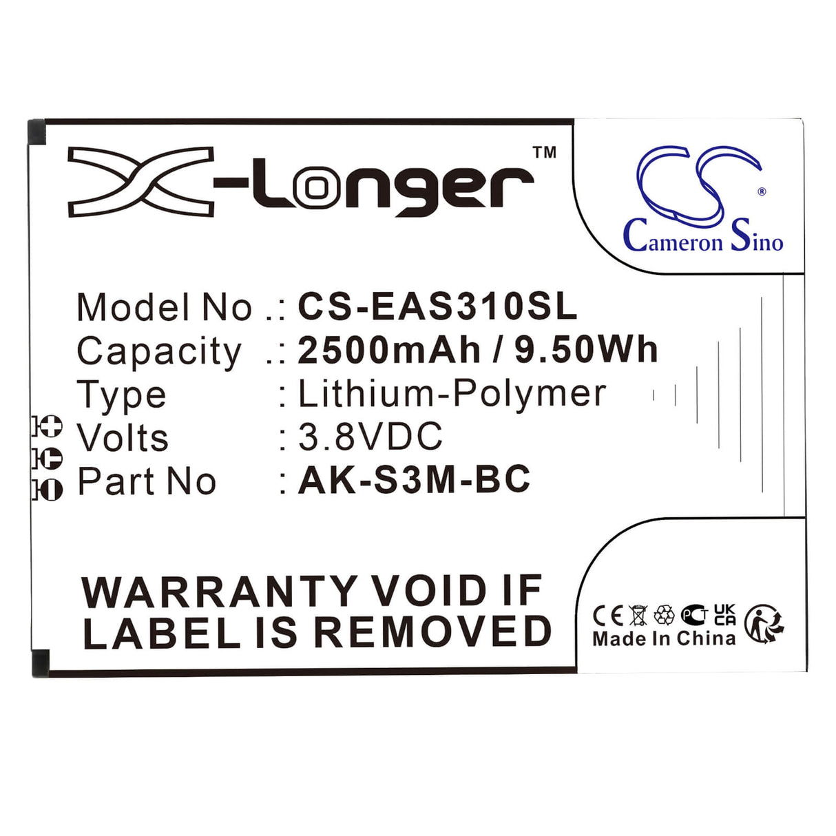 3.8V, Li-Polymer, 2500mAh, SmartPhone battery fits Emporia, Ak-s3m-bc, Smart 3 Mini, Smart 4, 9.5Wh Mobile, SmartPhone Cameron Sino Technology Limited (Smartphone)