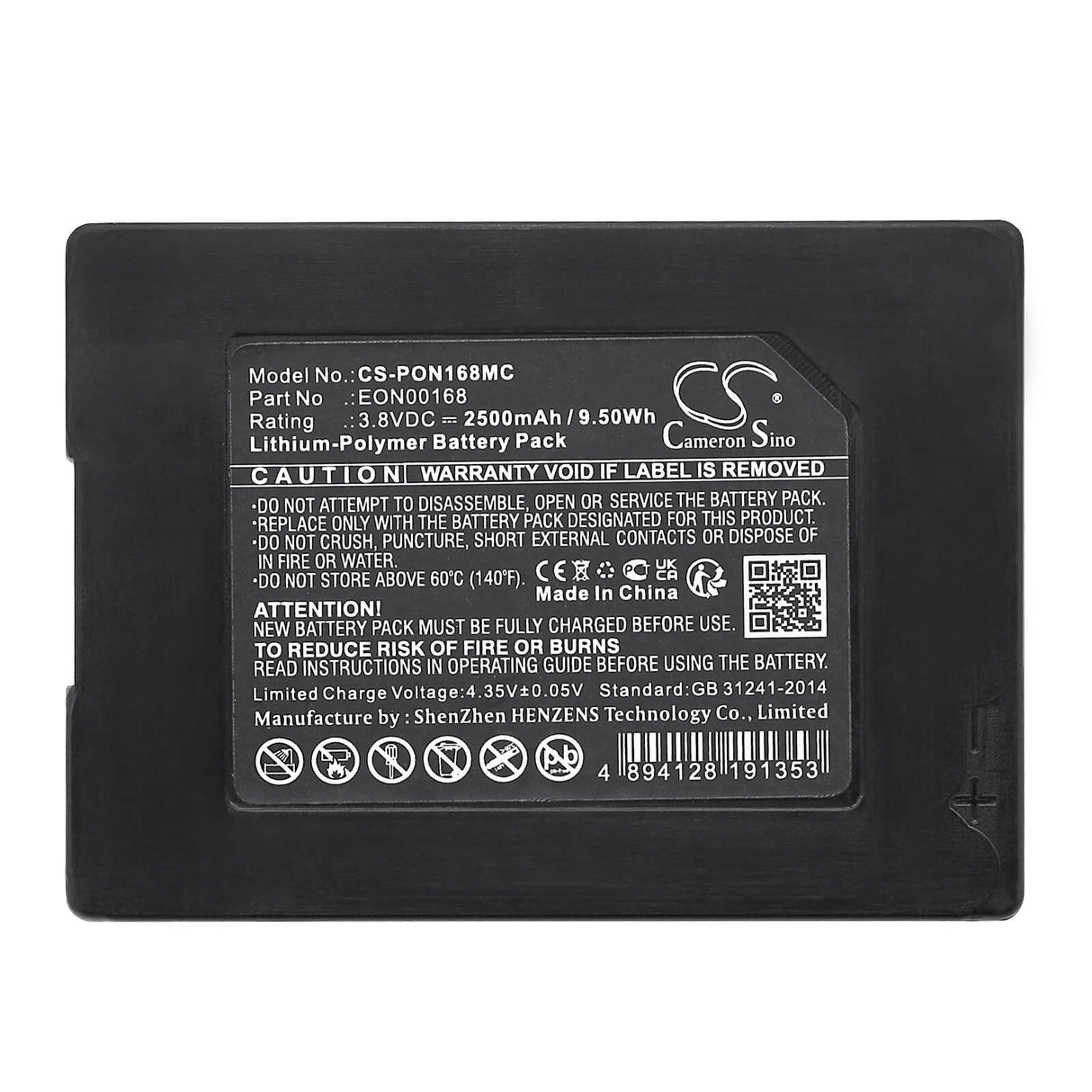 3,8v, Li-polymère, 2500mah, Batterie adaptée à Pyle, Ppbcm16, Ppbcm18, 9,50wh Caméra corporelle Cameron Sino Technology Limited