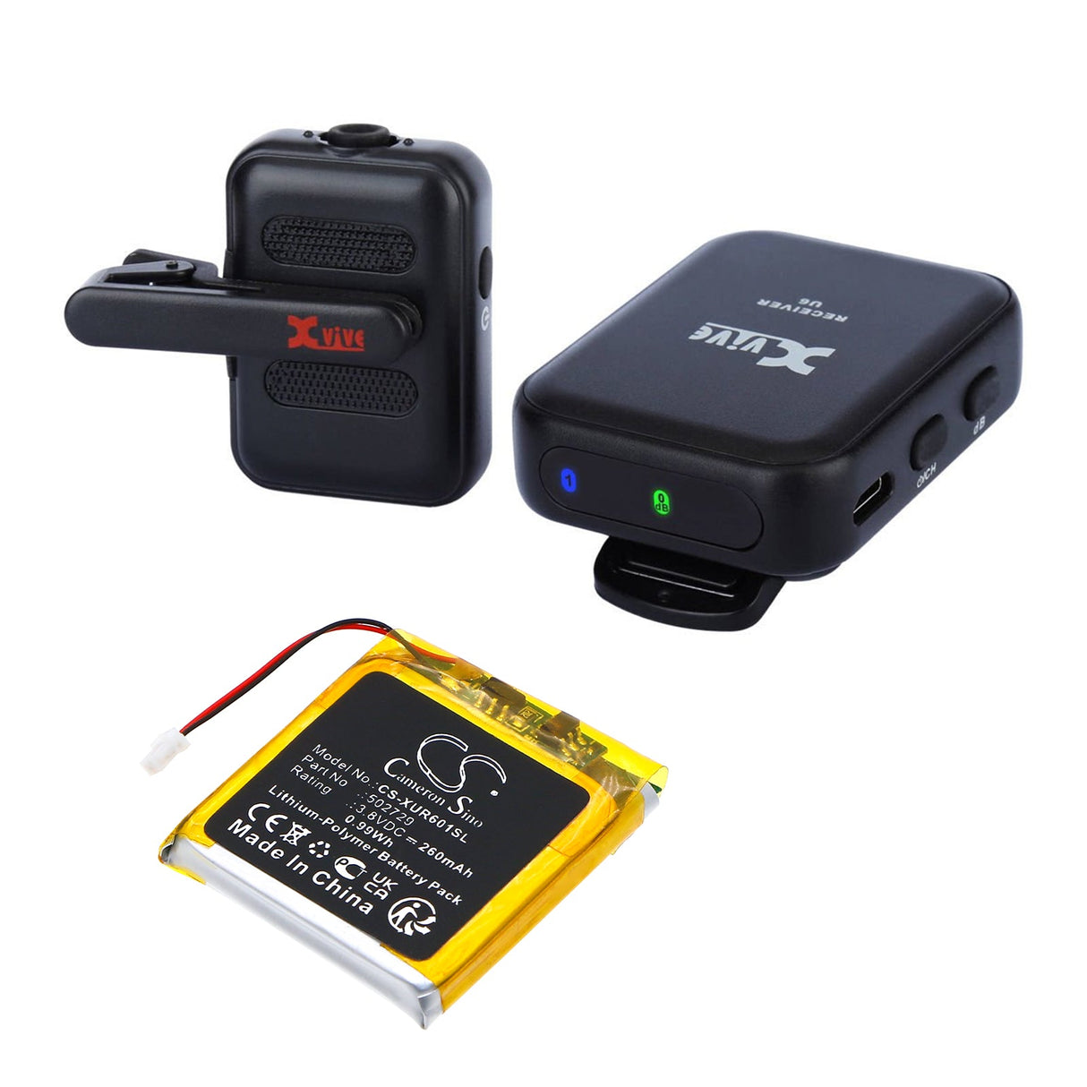 3,8V, Li-Polymère, 260mAh, Batterie pour émetteurs et récepteur compatible avec Xvive, U6 Microphone sans fil Transmi, 0,99Wh Émetteurs et récepteur Cameron Sino Technology Limited