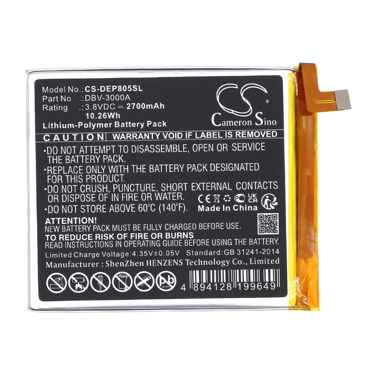 3.8V, Li-Polymer, 2700mAh, batterie de smartphone compatible avec Doro, Dbv-3000a, 8050, Dbs-0230, 10.26Wh Mobile, Smartphone Cameron Sino Technology Limited (Smartphone)