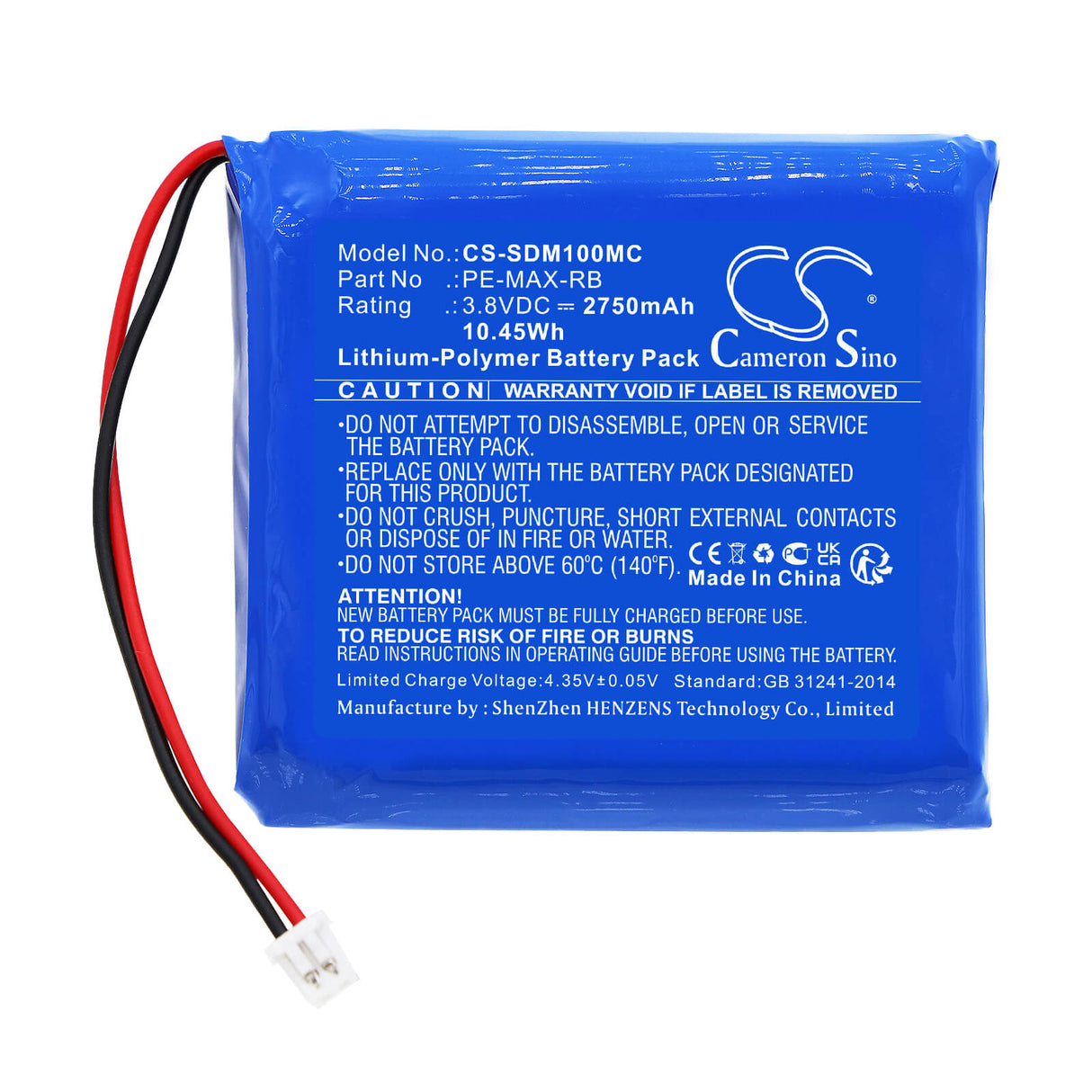 3.8v, Li-polymère, 2750mah, Batterie pour Patroleyes, Pe-edge, Pe-max, 10.45wh Caméra corporelle Cameron Sino Technology Limited