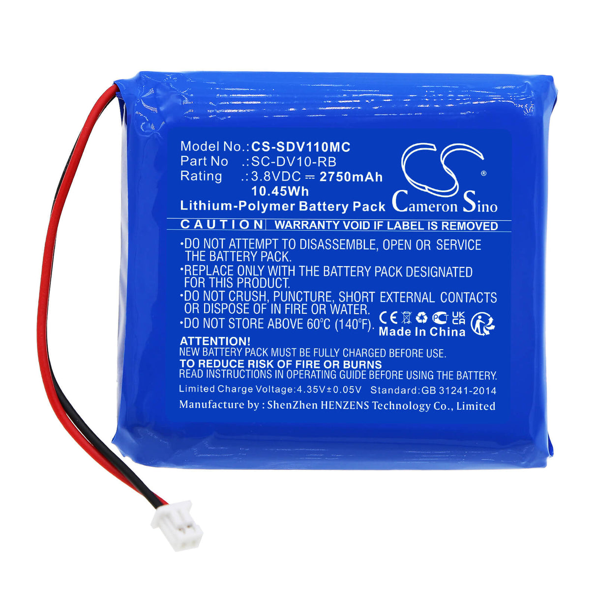 3,8v, Li-polymère, 2750mah, Batterie de caméra corporelle compatible avec Pyle, Prtppbcm22bat, 10,45wh Caméra corporelle Cameron Sino Technology Limited