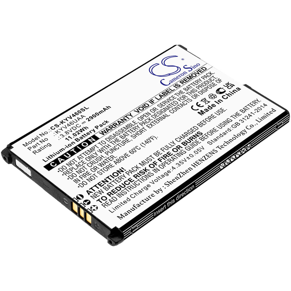 3.8V, Li-ion, 2900mAh, SmartPhone battery fits Kyocera, Kyv46uaa, Kyv46, Torque G04, 11.02Wh Mobile, SmartPhone Cameron Sino Technology Limited (Smartphone)