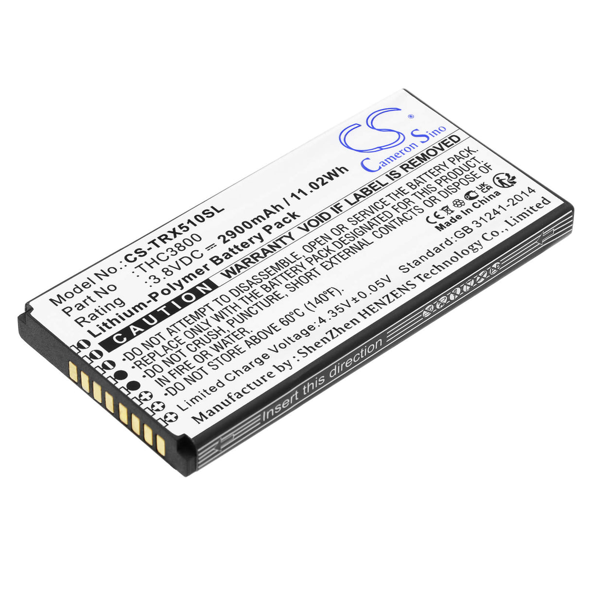 3,8V, Li-Polymer, 2900mAh, Batterie de téléphone satellite compatible avec Thuraya, Thc3800, X5-touch, 11,02Wh Téléphone satellite Cameron Sino Technology Limited