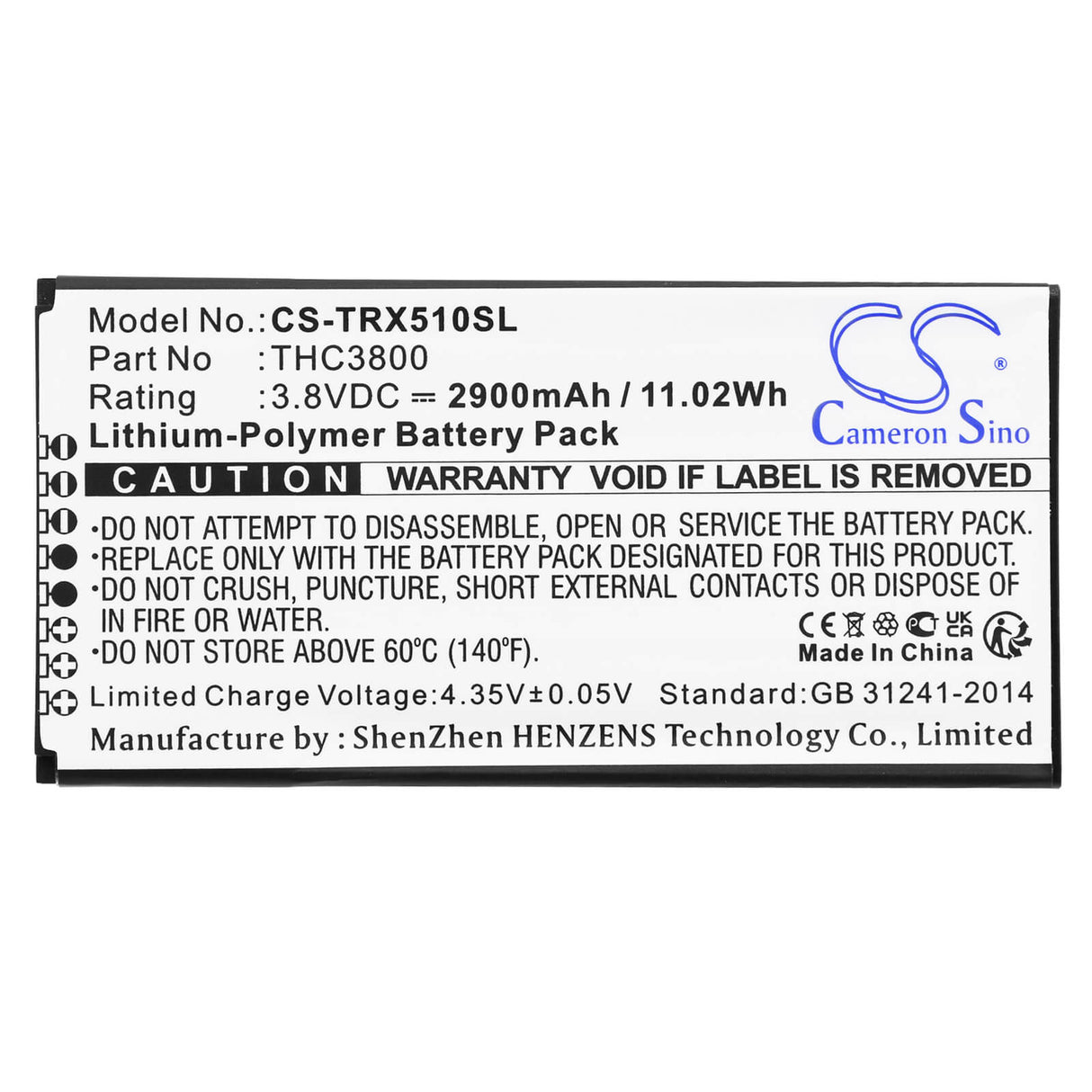 3,8V, Li-Polymer, 2900mAh, Batterie de téléphone satellite compatible avec Thuraya, Thc3800, X5-touch, 11,02Wh Téléphone satellite Cameron Sino Technology Limited