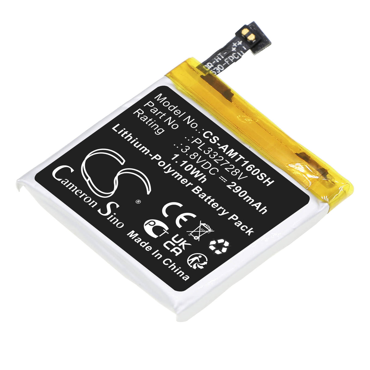 3.8V, Li-Polymer, 290mAh, Smartwatch battery fits Amazfit, Pl332728v, A1609, A1619, 1.10Wh Smartwatch Cameron Sino Technology Limited