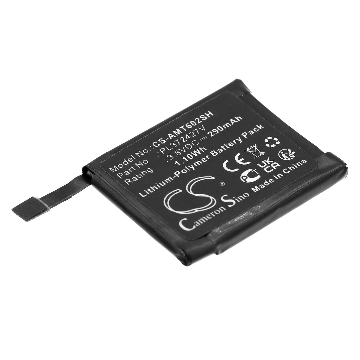 3.8V, Li-Polymer, 290mAh, Smartwatch battery fits Amazfit, Pl372427u, A1602, A1612, 1.10Wh Smartwatch Cameron Sino Technology Limited