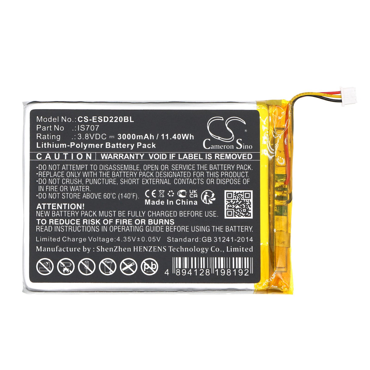 3.8V, Li-Polymer, 3000mAh, Payment Terminal battery fits Eservice, 1icp5/55/75, Smart D220, 11.4Wh Payment Terminal Cameron Sino Technology Limited