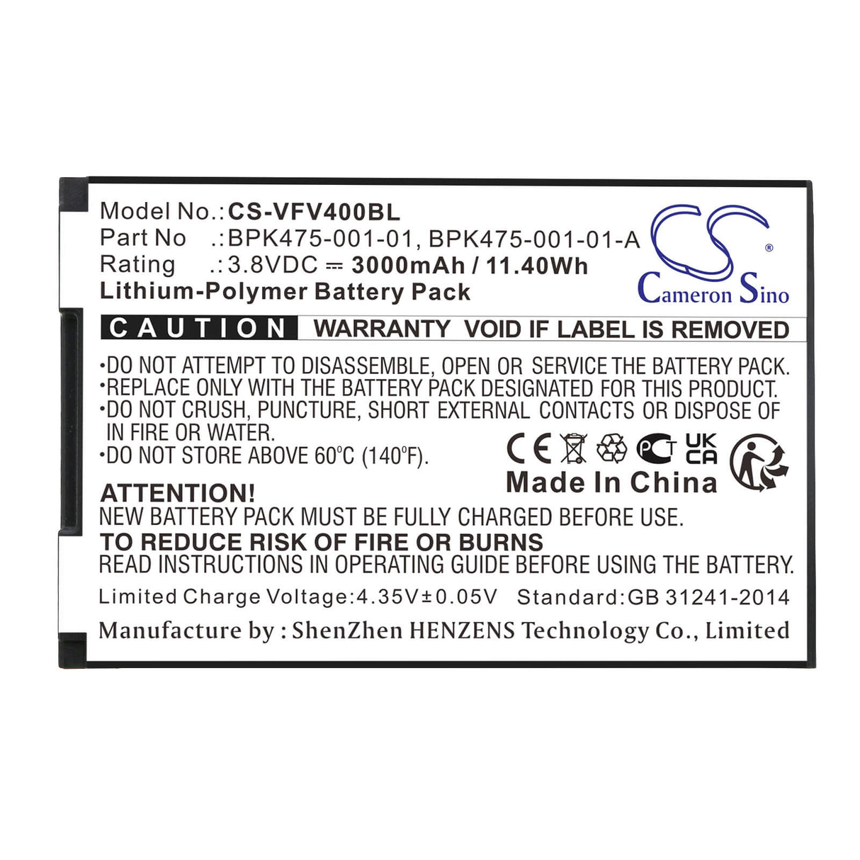 3.8V, Li-Polymer, 3000mAh, Batterie de terminal de paiement compatible avec Verifone, Bpk475-001-01, M435-003-04-naa-s, V400m, 11.40Wh Terminal de paiement Cameron Sino Technology Limited