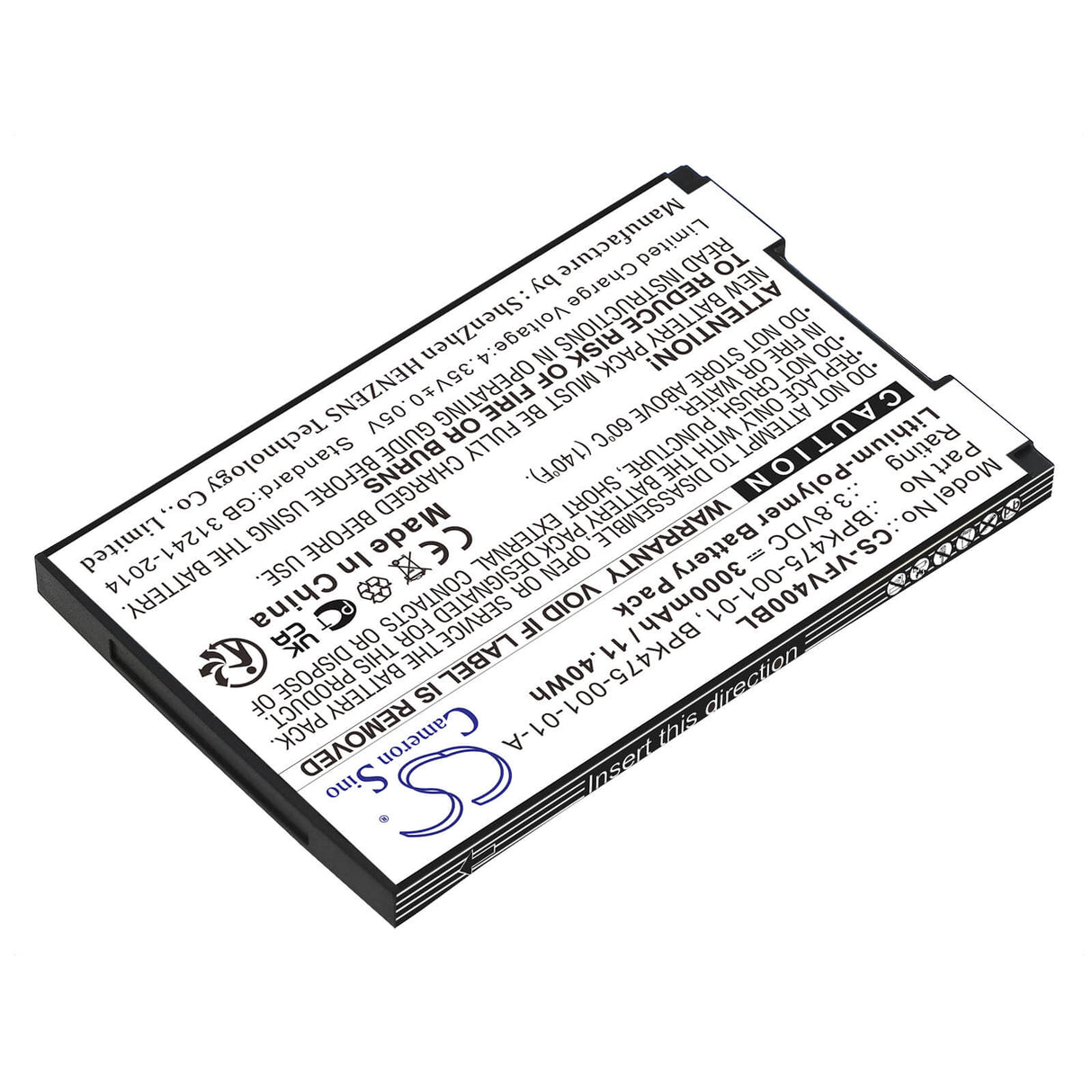 3.8V, Li-Polymer, 3000mAh, Batterie de terminal de paiement compatible avec Verifone, Bpk475-001-01, M435-003-04-naa-s, V400m, 11.40Wh Terminal de paiement Cameron Sino Technology Limited
