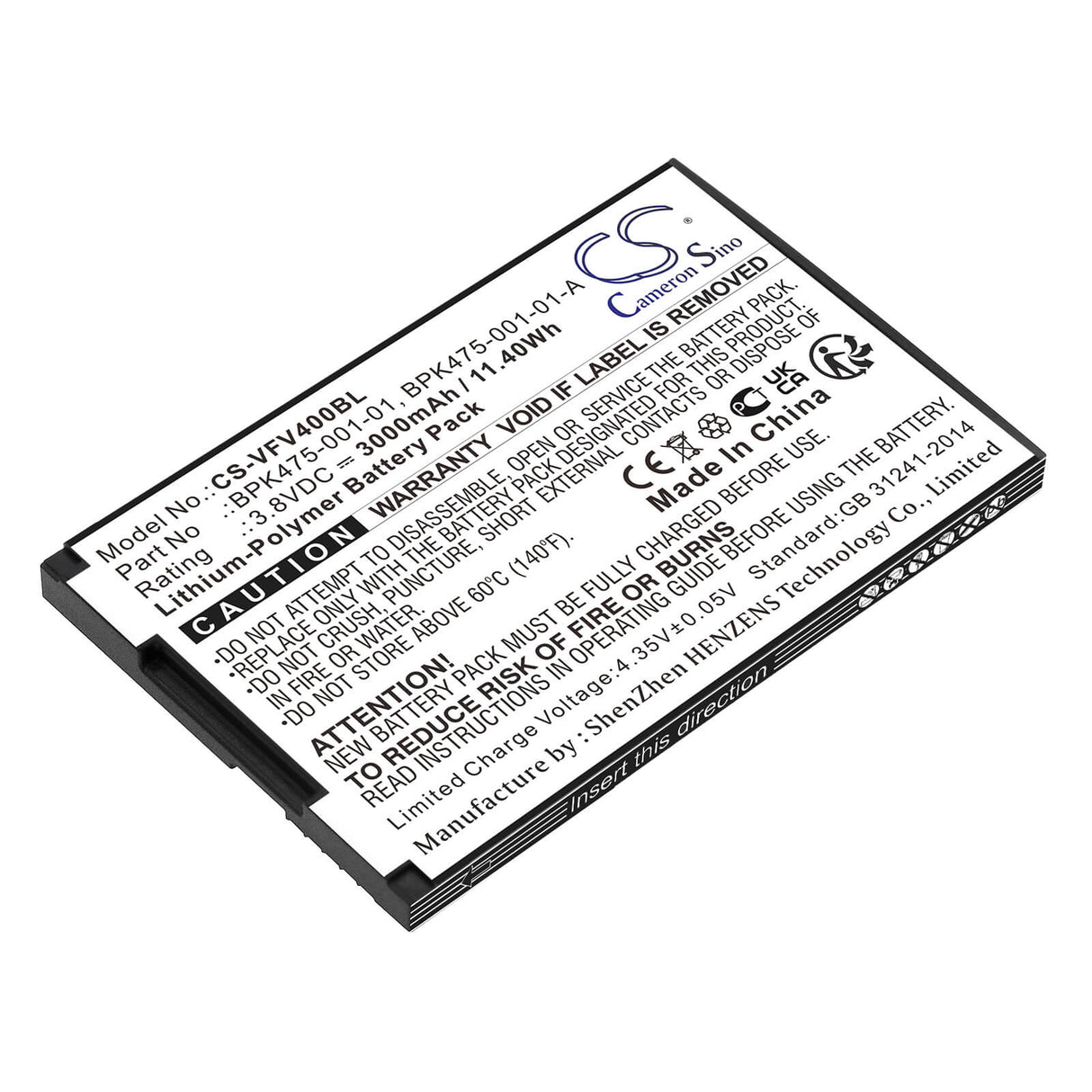 3.8V, Li-Polymer, 3000mAh, Batterie de terminal de paiement compatible avec Verifone, Bpk475-001-01, M435-003-04-naa-s, V400m, 11.40Wh Terminal de paiement Cameron Sino Technology Limited