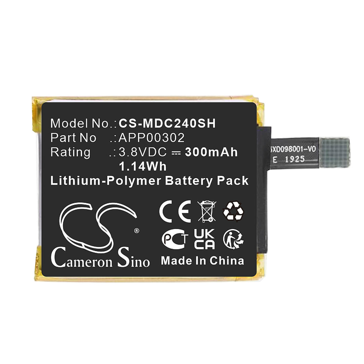 3.8v, Li-polymer, 300mah, Smartwatch battery Fits Movado Connect 2.0/40, 1.14wh Smartwatch Cameron Sino Technology Limited