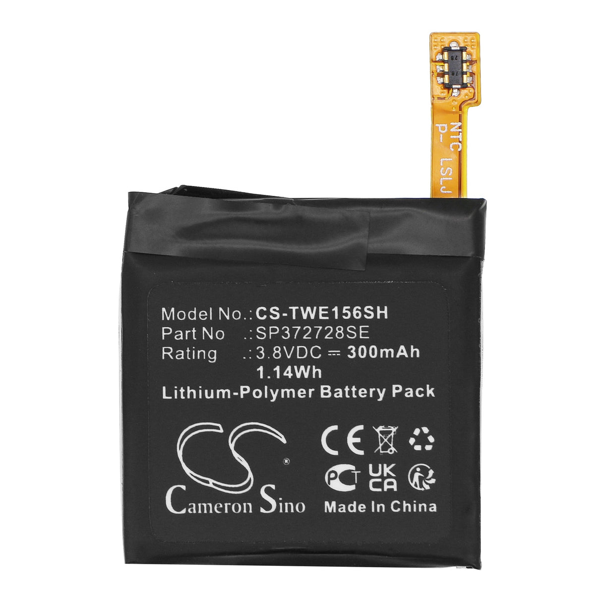 3.8V, Li-Polymer, 300mAh, Smartwatch battery fits Ticwatch, 2, 2e, 1.14Wh Smartwatch Cameron Sino Technology Limited