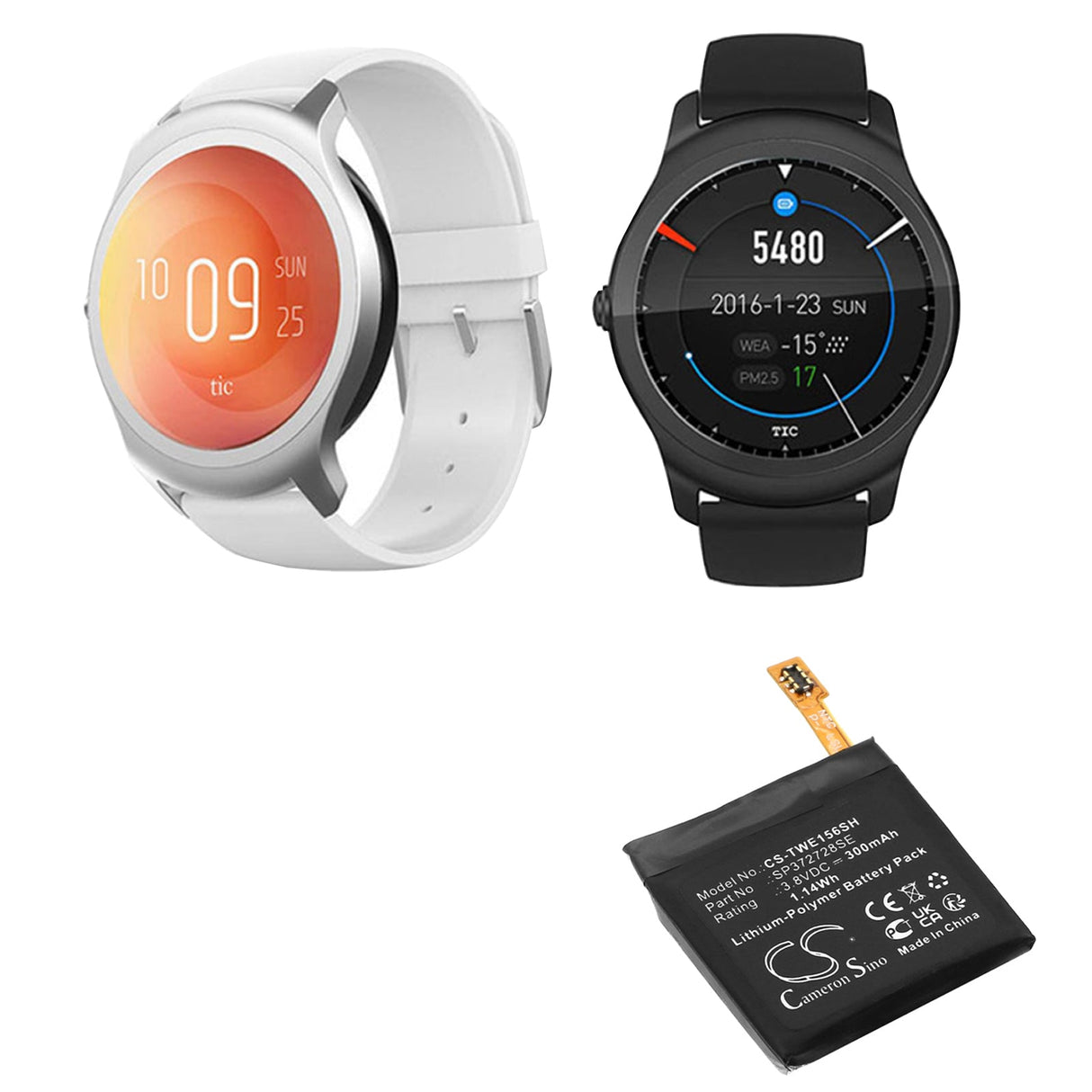 3.8V, Li-Polymer, 300mAh, Smartwatch battery fits Ticwatch, 2, 2e, 1.14Wh Smartwatch Cameron Sino Technology Limited