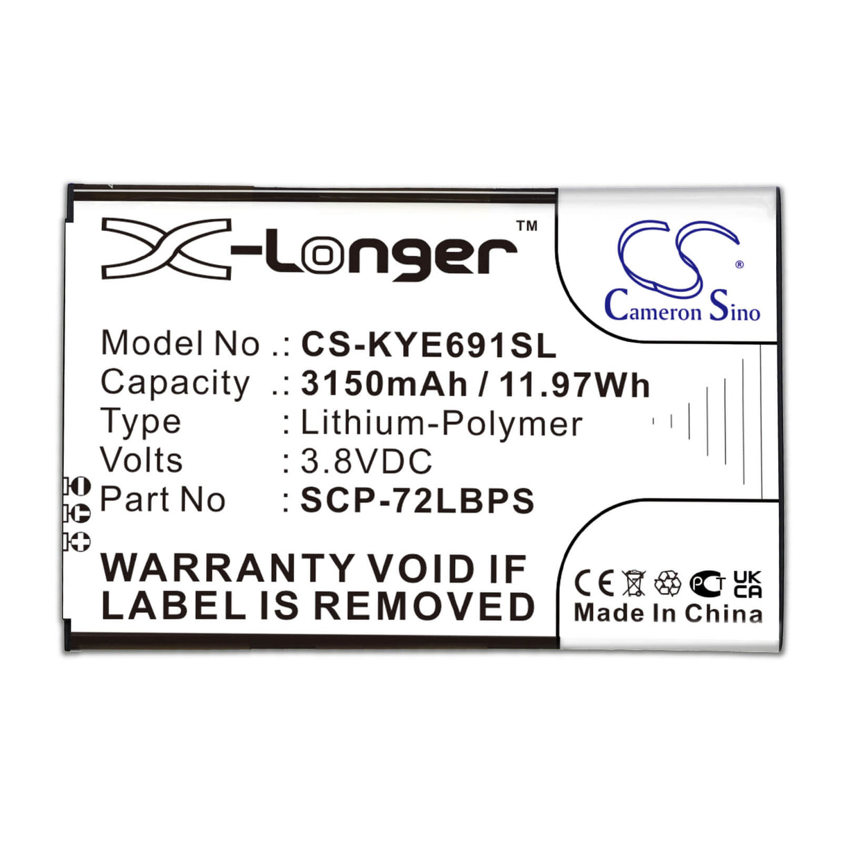 3.8V, Li-Polymer, 3150mAh, SmartPhone battery fits Kyocera, 5aaxbt122jaa, Duraforce Pro 2, E6910, 11.97Wh Mobile, SmartPhone Cameron Sino Technology Limited (Smartphone)
