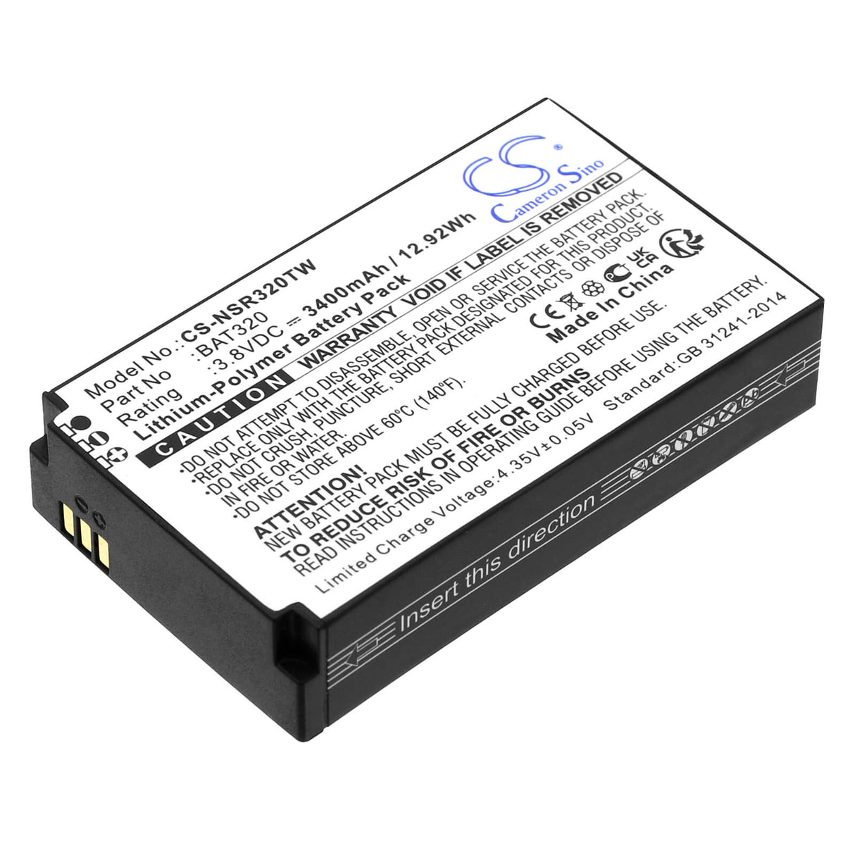 3.8V, Li-Polymer, 3400mAh, Two-Way Radio battery fits Inrico, B-87c, T-298s, T320, 12.92Wh Two-Way Radio Cameron Sino Technology Limited