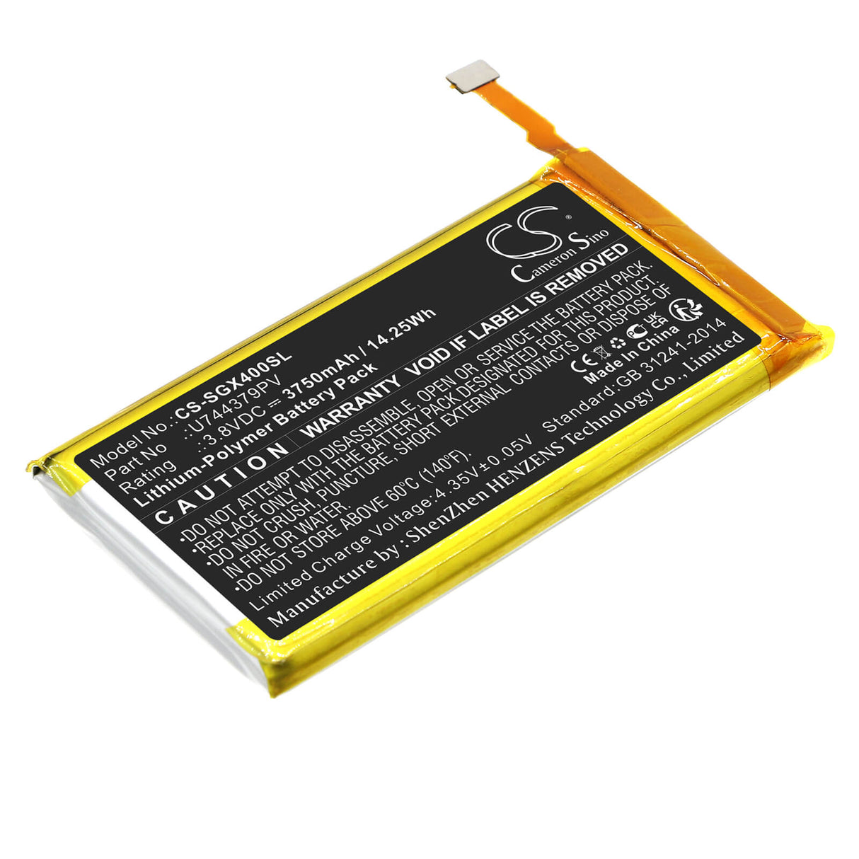 3,8V, Li-Polymer, 3750mAh, batterie GPS compatible avec Skygolf, U744379pv, Skycaddie Sx400, 14,25Wh GPS, Navigator Cameron Sino Technology Limited