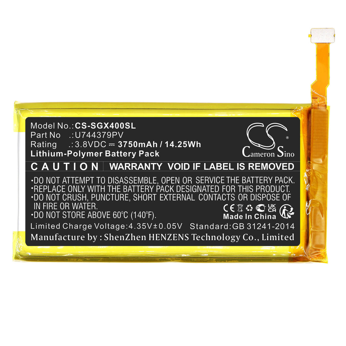 3,8V, Li-Polymer, 3750mAh, batterie GPS compatible avec Skygolf, U744379pv, Skycaddie Sx400, 14,25Wh GPS, Navigator Cameron Sino Technology Limited