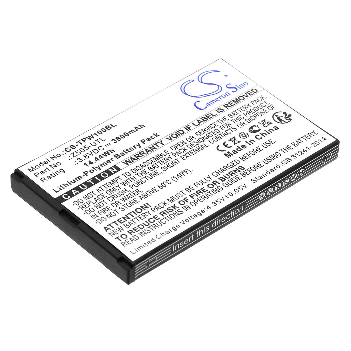 3,8V, Li-Polymer, 3800mAh, batterie de terminal de paiement compatible avec Topwise, Z505-utl, T1, 14,44Wh Terminal de paiement Cameron Sino Technology Limited